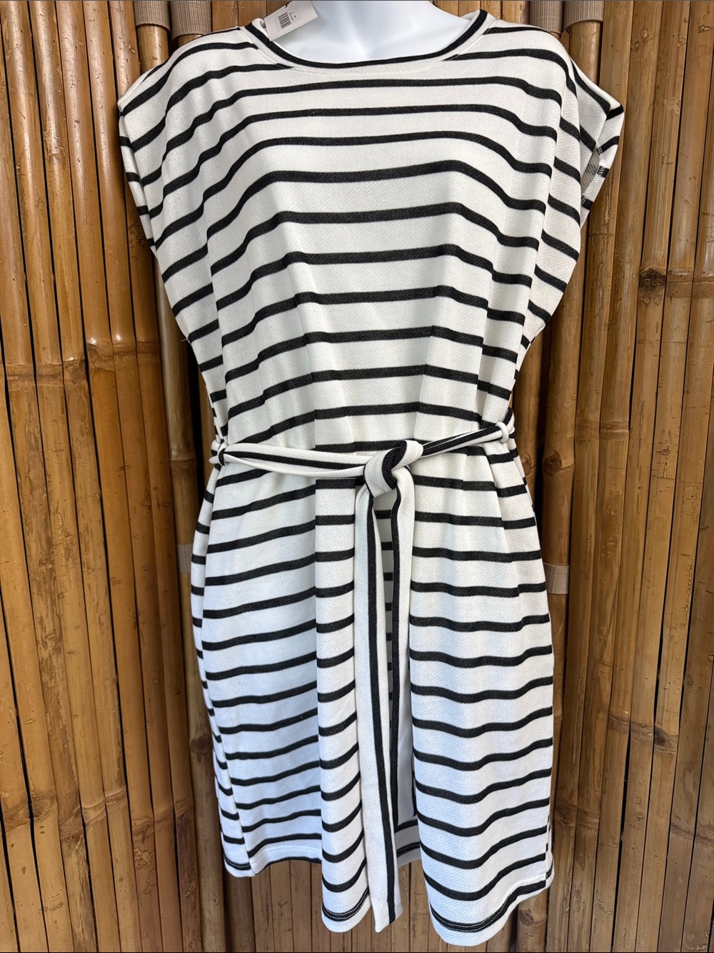 Striped Boatneck Midi Dress with Self-Tie Belt - Black & White NWT